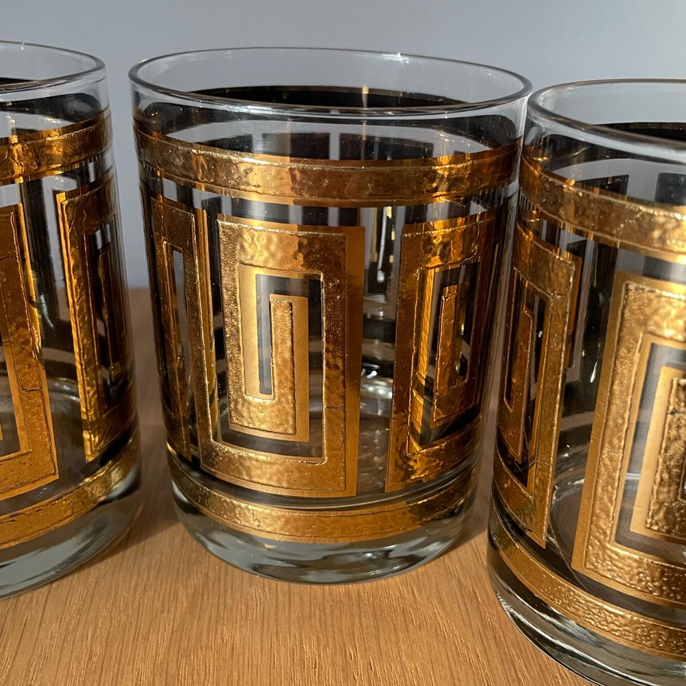 Vintage MCM Culver Whiskey Glasses 22K Gold Greek Key Pattern Set of 4 - Picture 5 of 10